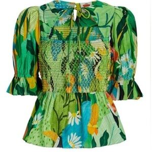 FARM Rio Vintage Toucan Peplum Smocked Puff Sleeve Top